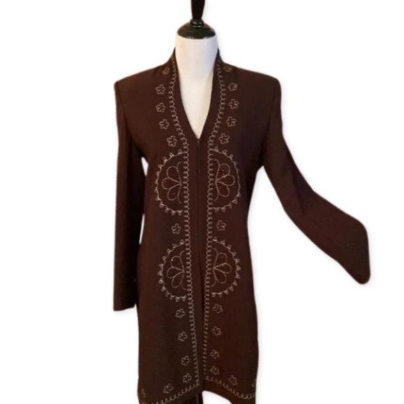 San Mageno Other - San Mageno Chocolate Brown Dress Coat V Neck Beaded Floral Details Women's Small